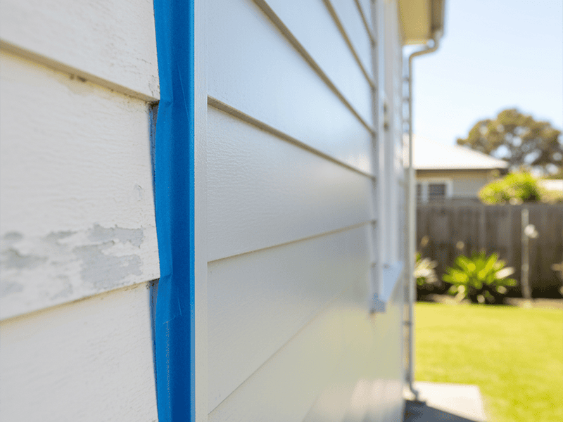 A freshly painted classic Australian weatherboard house in a light grey colour.