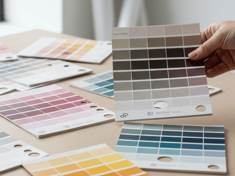 A professional colour consultant showing a client a palette of colour swatches in a home interior