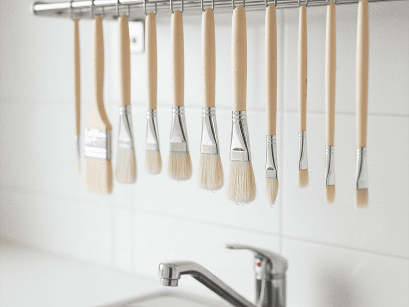 Clean paint brushes hanging to dry above a utility sink.