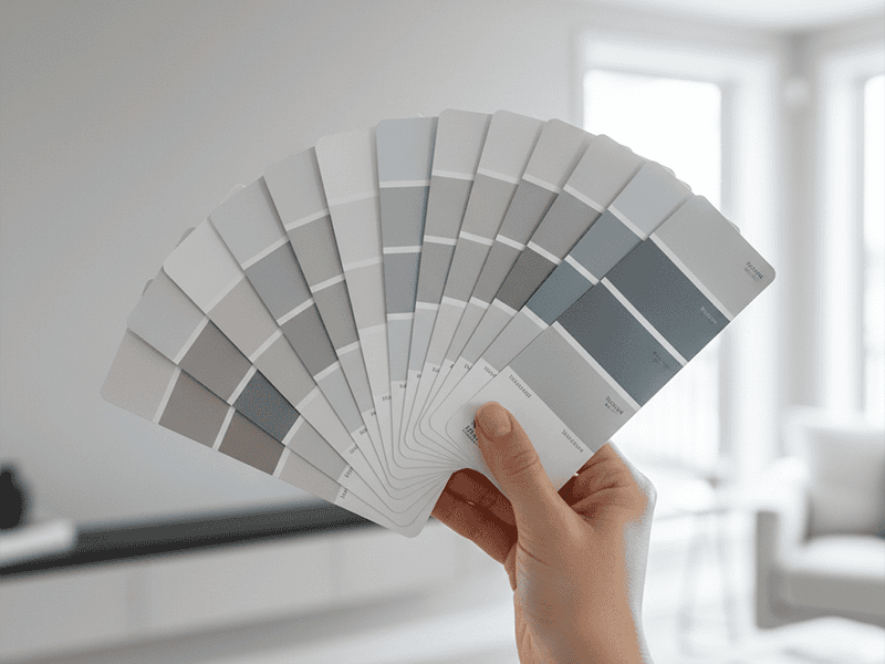 A collection of paint colour swatches fanned out on a timber table.
