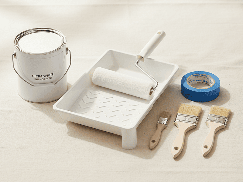 Painting tools including brushes, rollers, and tape laid out on a drop sheet.